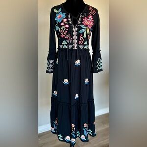 Johnny Was Black Embroidered Floral Boho Dress Cottagecore Fairycore XXS J1268